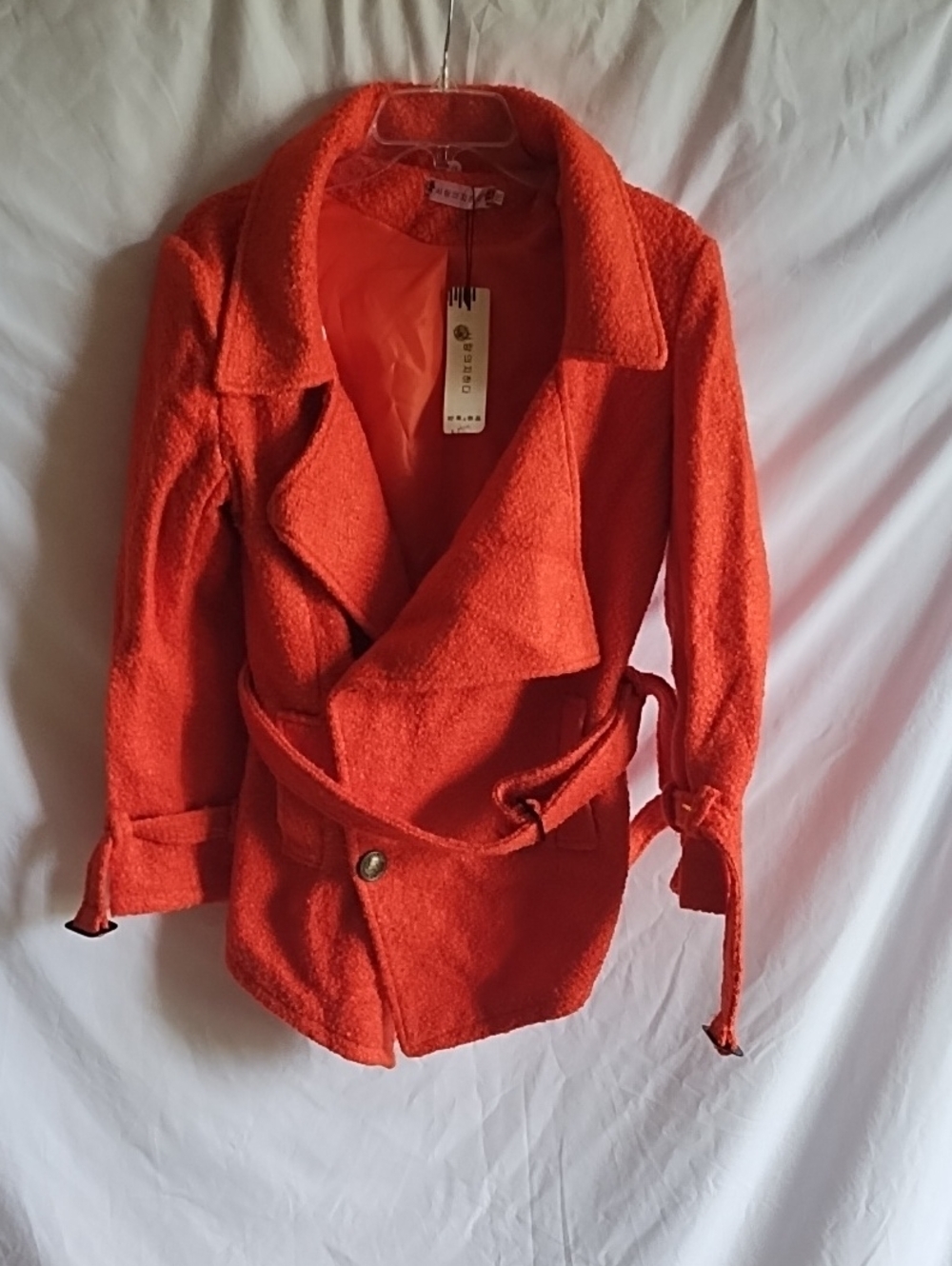 Women’s Orange Belted Bouclé Coat - Unbranded